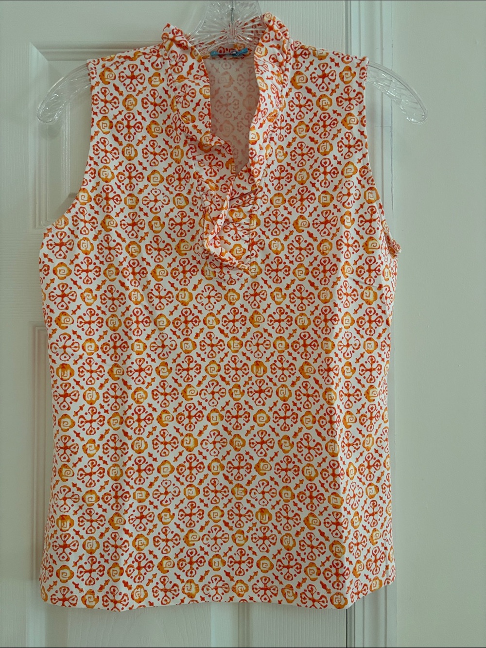 Sleeveless Ruffle V-Neck Blouse in Orange & Yellow By J McLaughlin
